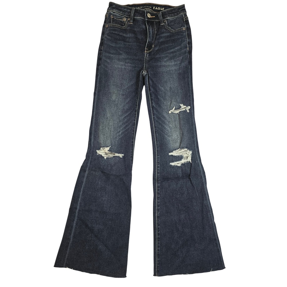 American Eagle Next Level Stretch High Waisted Flare DistressedJeans Dark Wash 0